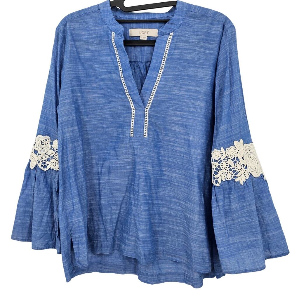 LOFT Blue Chambray Embroidered Lace Bell Sleeve Split Neck Coastal Boho Top S